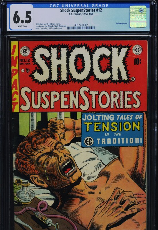 Shock Suspenstories #12 (EC Comics), CGC 6.5 graded comic book, Universal Blue label — front cover in its holder