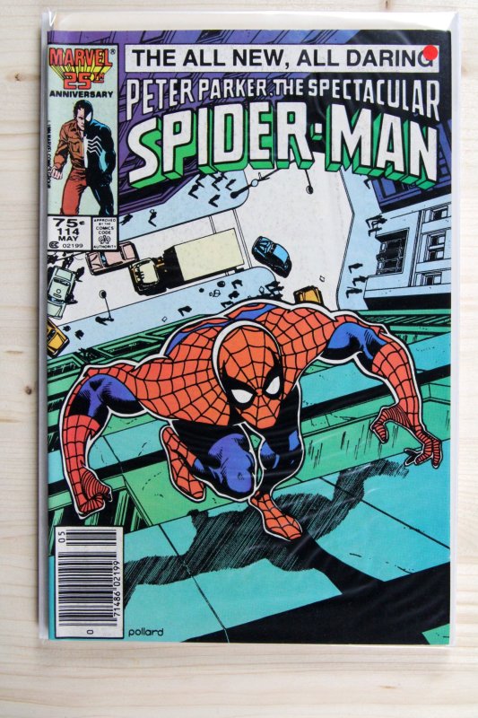 Peter Parker, the Spectacular Spider-Man #114 (Marvel Comics, 1986), raw comic book in VF/NM 9.0 condition — front cover