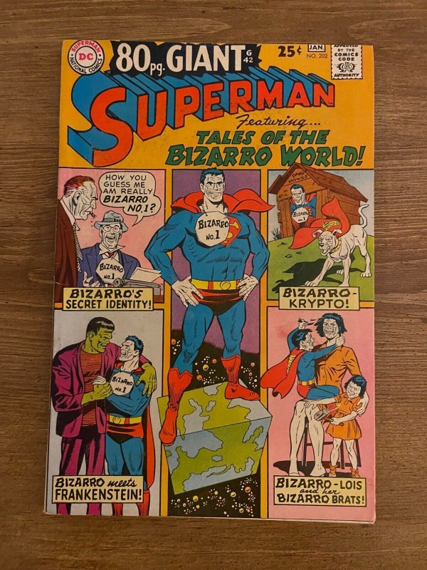 Superman #202 (DC Comics), raw comic book in VF/NM condition — front cover