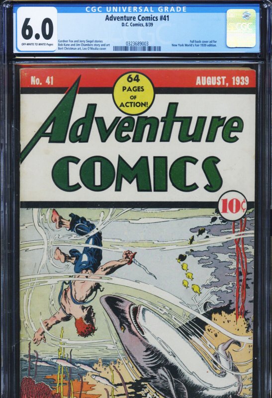 Adventure Comics #41 (DC Comics), CGC 6.0 graded comic book, Universal Blue label — front cover in its holder