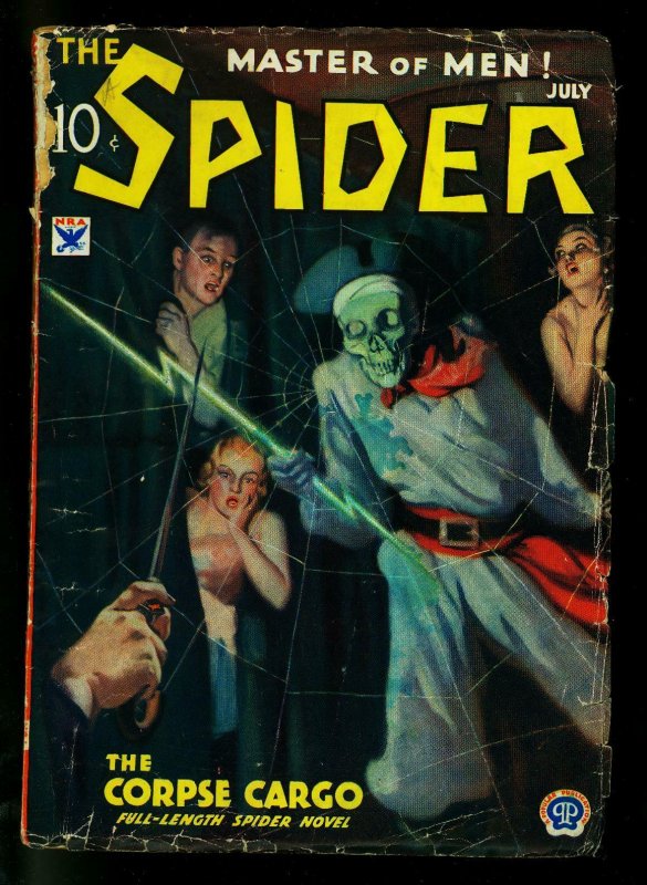 The Spider Pulp July 1934- Corpse Cargo- Skeleton Cover- G- (1934), raw, ungraded comic book — front cover