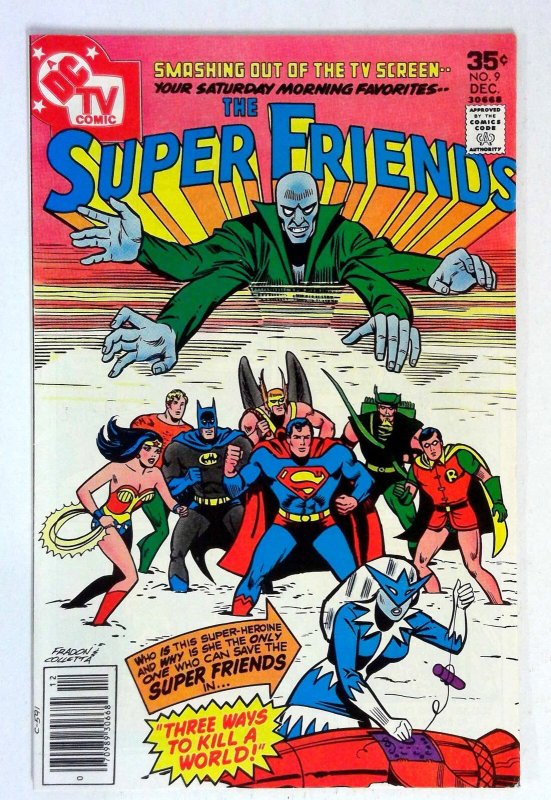 Super Friends #9 (DC Comics, 1977), raw comic book in VF/NM condition — front cover