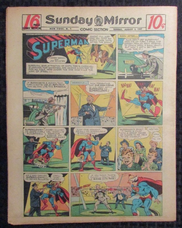 1947 Aug 3 Sunday Mirror Comic Section Vg/fn 5.0 Superman / Joe Palooka 16pgs (1947), raw comic book in VG/FN 5.0 condition — front cover