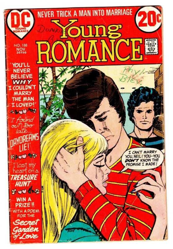 Young Romance #188 (DC Comics, 1972), raw comic book in VG condition — front cover