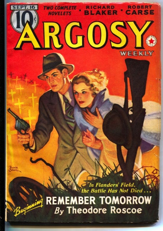 Argosy Pulp 9/16/1939-Striking Rudolph Belarski war Cover-1st Installment of "Re, raw, ungraded comic book — front cover