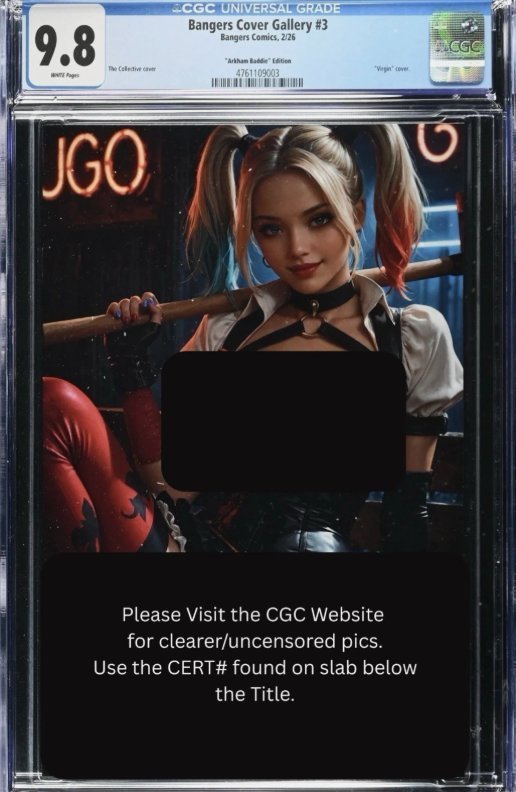 Harley Quinn CosplayCGC 9.8 Bangers Comics *Arkham” Virgin Full N Cover LE 100, raw comic book in 9.8 condition — front cover