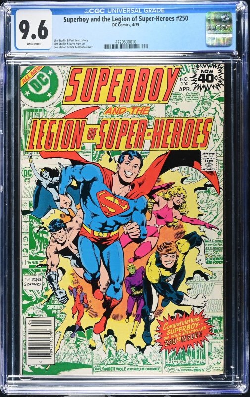 Superboy and the Legion of Super-Heroes #250 (1979), CGC 9.6 graded comic book, Universal Blue label — front cover in its holder