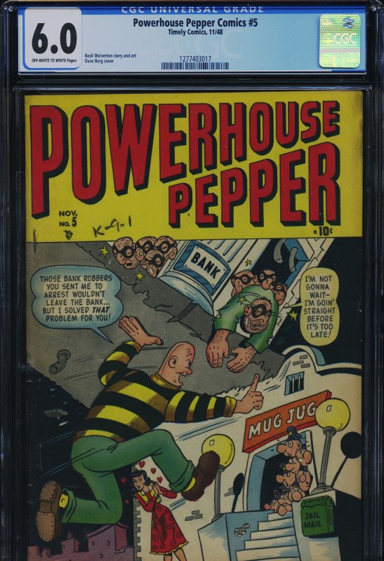 Powerhouse Pepper Comics #5 (Timely Comics), CGC 6.0 graded comic book, Universal Blue label — front cover in its holder