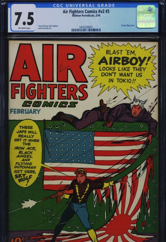 AIR Fighters Comics V2 #5 - 7.5, OW - Classic Flag Cover - Golden Age, raw comic book in 7.5 condition — front cover