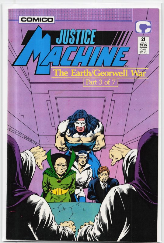 Justice Machine #21 (1988), raw, ungraded comic book — front cover