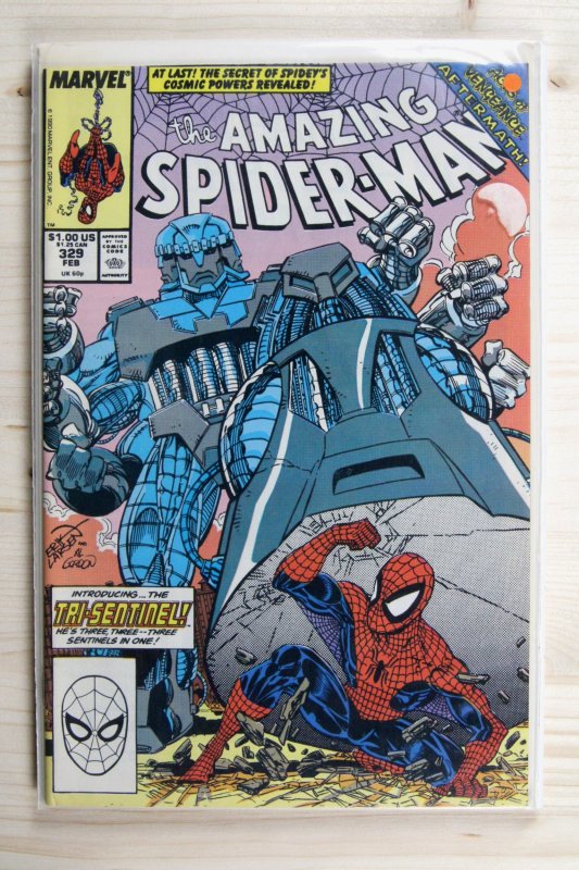 The Amazing Spider-Man #329 (Marvel Comics, 1990), raw comic book in VF+ 8.5 condition — front cover