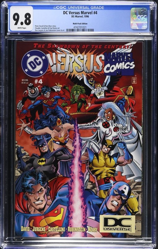 DC Versus Marvel #4 (DC Comics, 1996), CGC 9.8 graded comic book, Universal Blue label — front cover in its holder