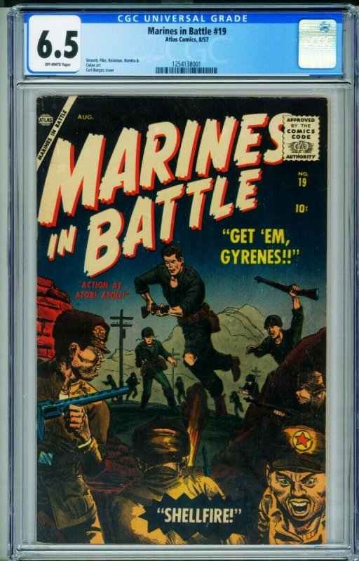 Marines in Battle #19 (1957), CGC 6.5 graded comic book, Universal Blue label — front cover in its holder