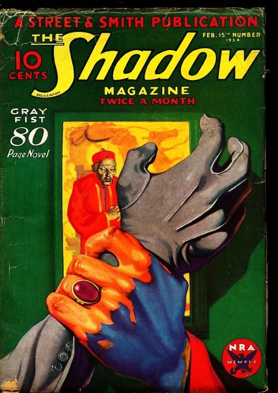 The Shadow Magazine - 02/15/34 - Condition: VG - Gray Fist- Hero Pulp, raw comic book in VG condition — front cover