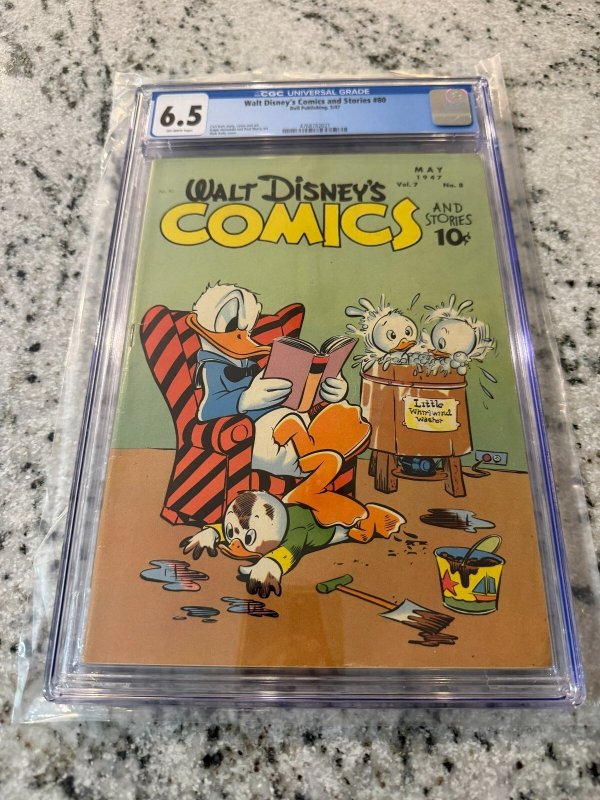 Walt Disney's Comics & Stories #80 (1947), CGC 6.5 graded comic book, Universal Blue label — front cover in its holder