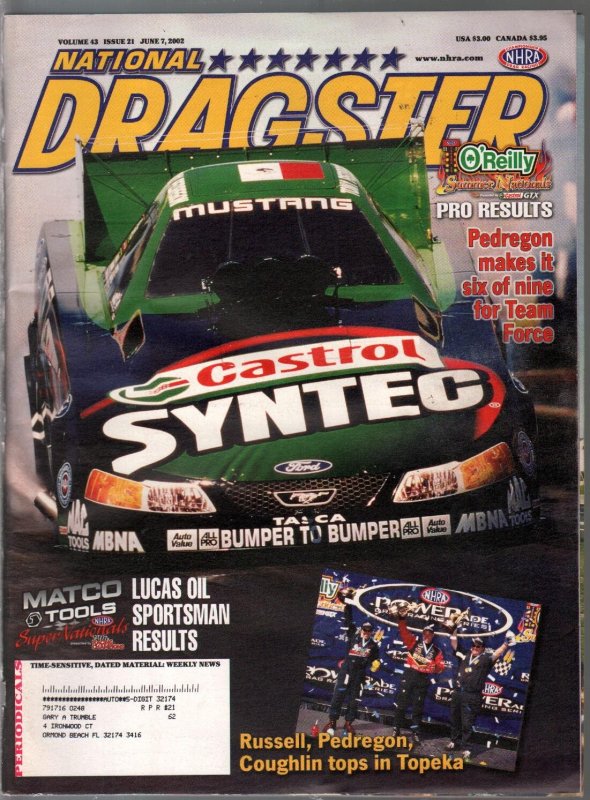 National Dragster-NHRA 6/7/2002-Summer Nationals-Tony Pedregon-FN, raw comic book in FN condition — front cover