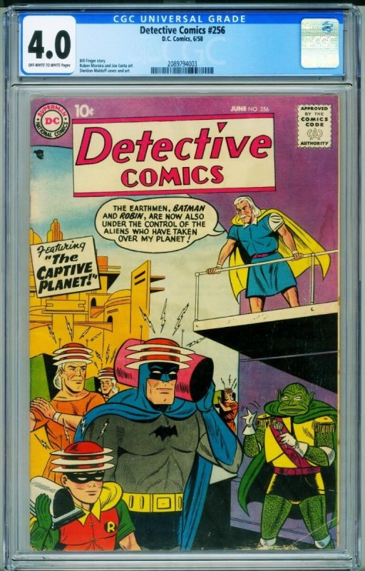Detective #256 (DC Comics, 1958), CGC 4.0 graded comic book, Universal Blue label — front cover in its holder