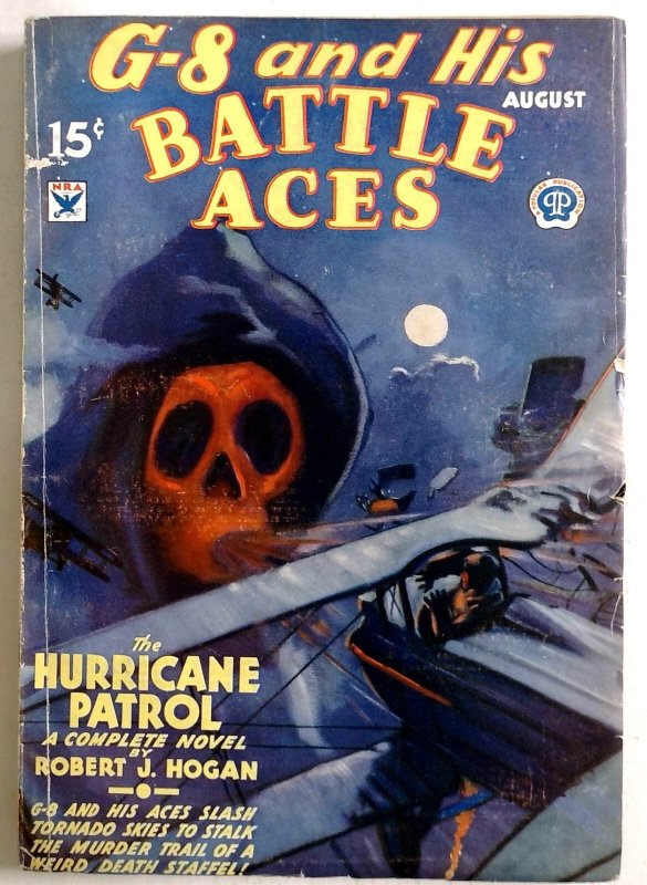 G-8 and His Battle Aces Aug 1934 - Hurricane Patrol - Giant Hooded Skull Cover (1934), raw, ungraded comic book — front cover