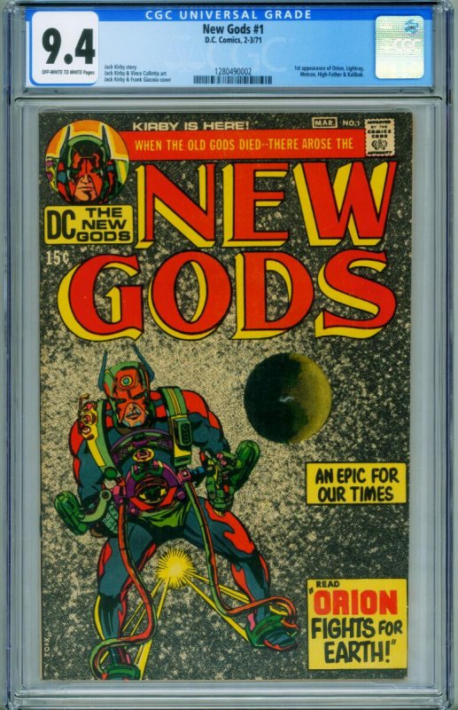 New Gods #1 (DC Comics, 1971), CGC 9.4 graded comic book, Universal Blue label — front cover in its holder