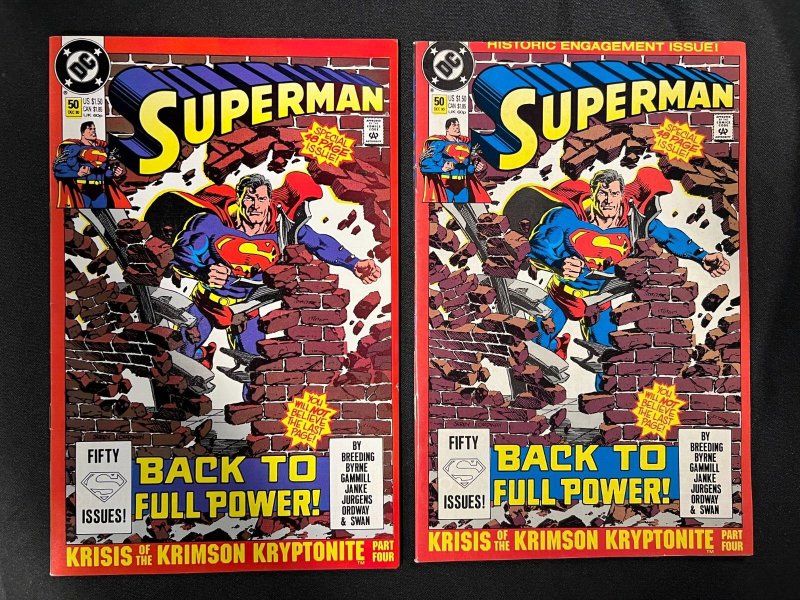 Superman #50 - 1st + Second Print - 2pc Lot (8/8.5) 1990 (DC Comics, 1990), raw comic book in 8.5 condition — front cover