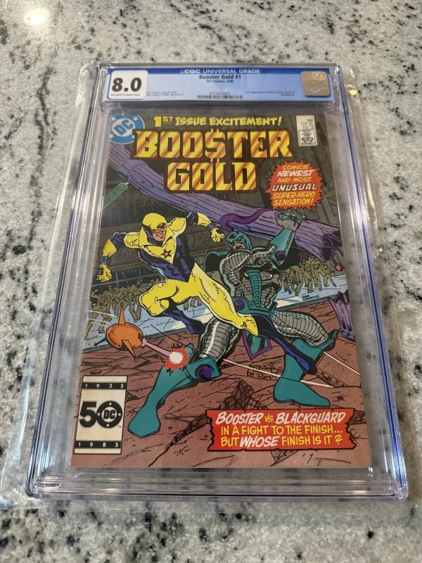 Booster Gold #1 (DC Comics, 1986), CGC 8.0 graded comic book, Universal Blue label — front cover in its holder