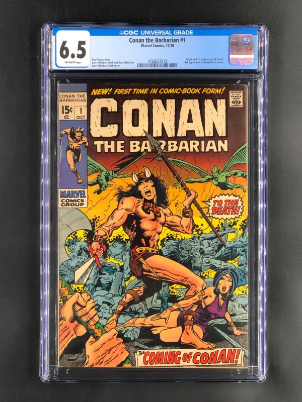 Conan the Barbarian #1 (Marvel Comics, 1970), CGC 6.5 graded comic book, Universal Blue label — front cover in its holder