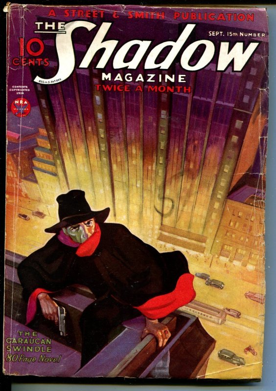 Pulp: Shadow 9/18/1934-Street & Smith-Garaucan Swindle-perspective Cover-VG, raw comic book in VG condition — front cover