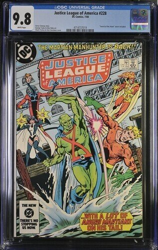 Justice League of America #228 (DC Comics, 1984), CGC 9.8 graded comic book, Universal Blue label — front cover in its holder