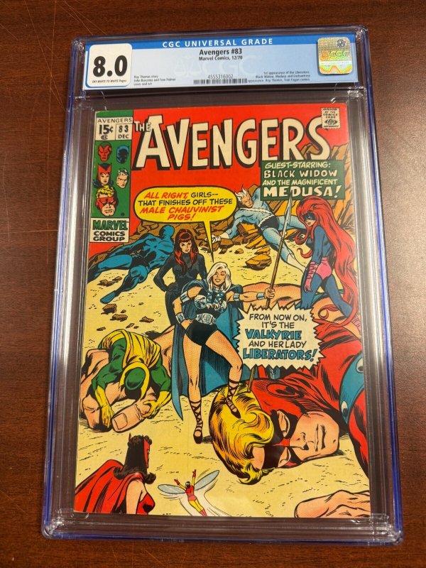 Avengers #83 (Marvel Comics, 1970), CGC 8.0 graded comic book, Universal Blue label — front cover in its holder
