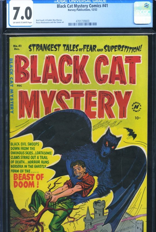 Black Cat Mystery #41, CGC 7.0 graded comic book, Universal Blue label — front cover in its holder