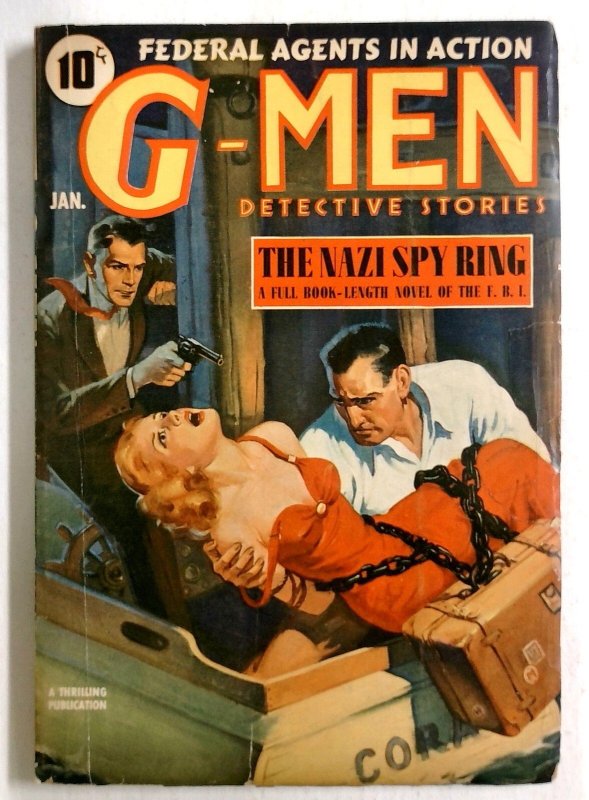 G-Men Detective Stories - Jan 1940 - Terror Bondage Cover - Chained Woman Throw (1940), raw, ungraded comic book — front cover