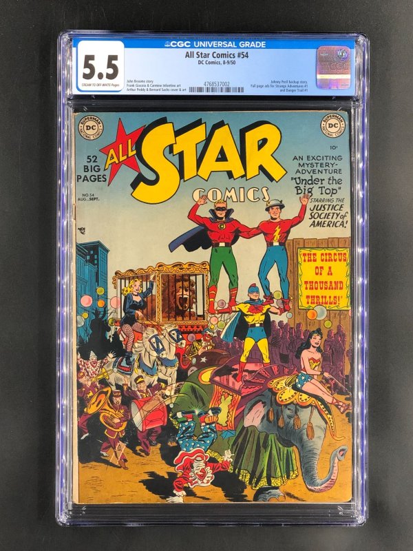 All-Star Comics #54 (DC Comics, 1950), CGC 5.5 graded comic book, Universal Blue label — front cover in its holder