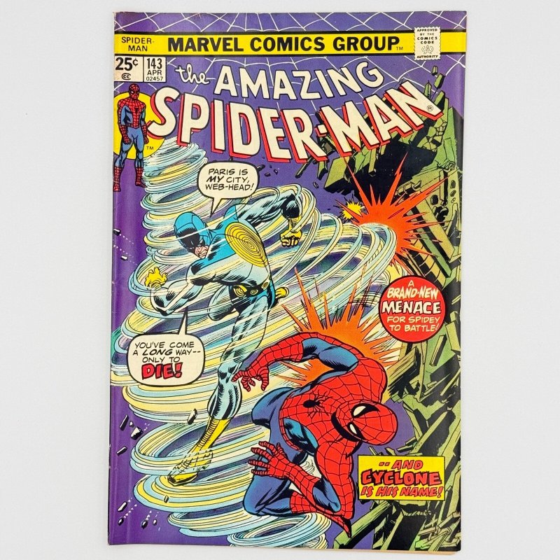 Amazing Spider-Man #143 (Marvel Comics, 1975), raw comic book in FN- condition — front cover