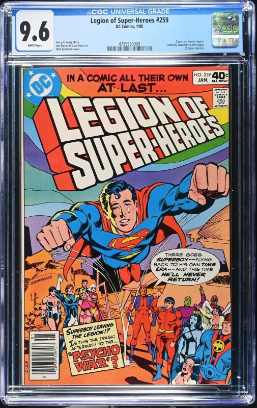 Legion of Super-Heroes #259 (DC Comics, 1980), CGC 9.6 graded comic book, Universal Blue label — front cover in its holder