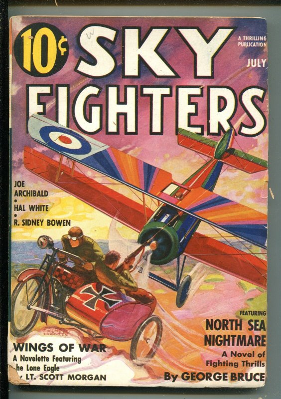 SKY Fighters 7/1937-AIR WAR Pulp-Thrills-Lone Eagle Cross OVER-MOTORCYCLE-vg, raw, ungraded comic book — front cover