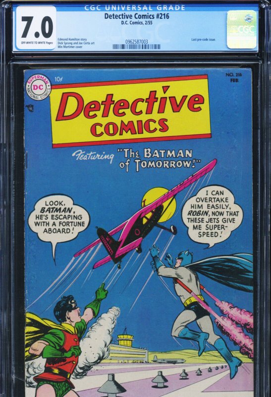 Detective Comics #216 (DC Comics), CGC 7.0 graded comic book, Universal Blue label — front cover in its holder
