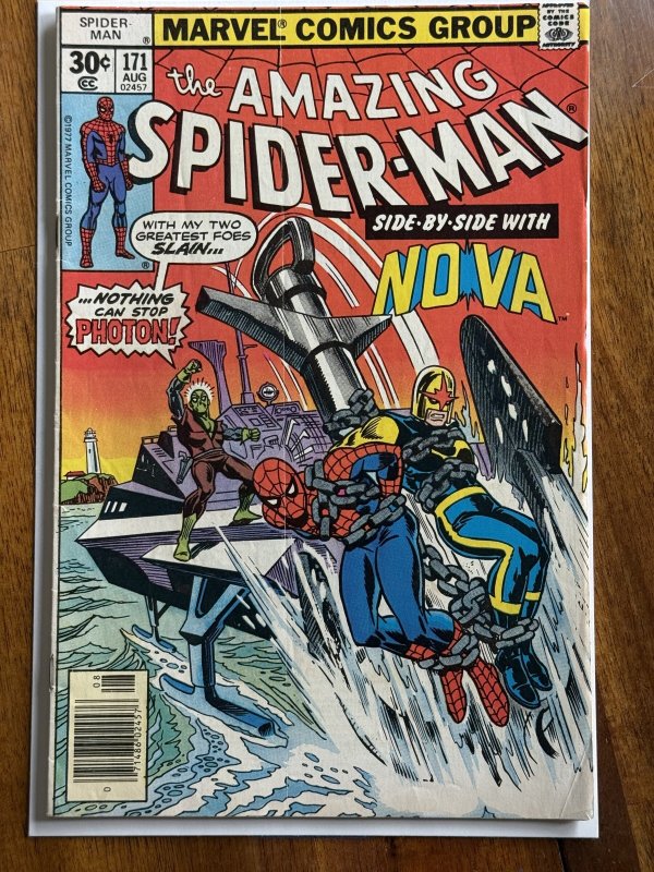 The Amazing Spider-Man #171 (Marvel Comics, 1977), raw comic book in VG/FN 5.0 condition — front cover