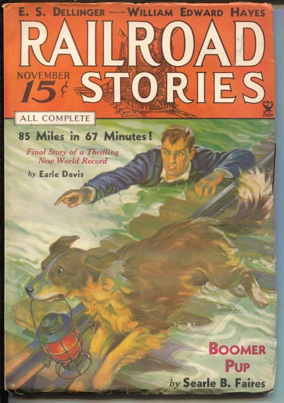 Pulp: Railroad Stories 11/1934-Munsey-rescue Dog-pulp Adventure & Thrills-FN, raw comic book in FN condition — front cover