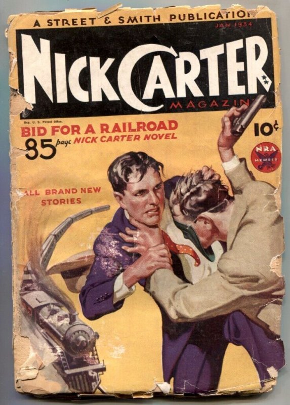 Pulp: Nick Carter Pulp January 1954- Bid for a Railroad FR (1954), raw comic book in FR condition — front cover