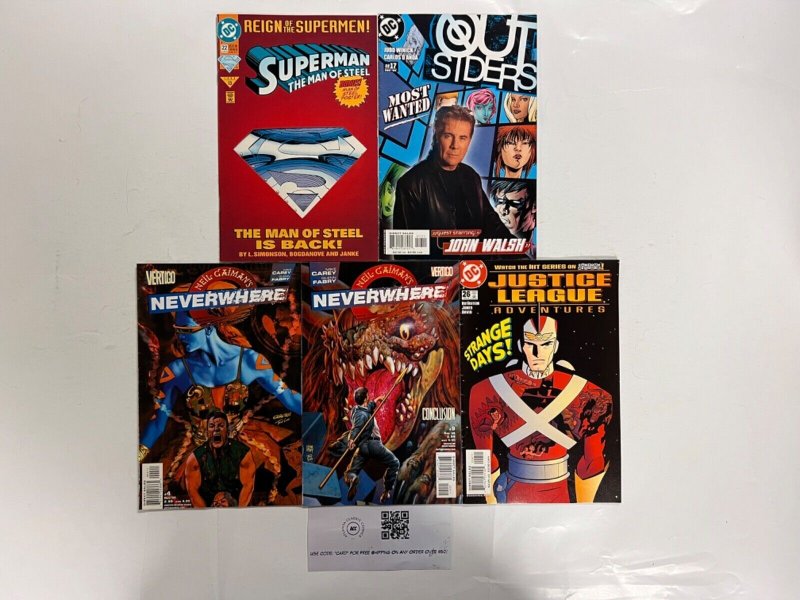 5 DC Comics Superman # 22+Neverwhere # 4 9+Outsiders # 17+JLA # 26 23 JS50, raw, ungraded comic book — front cover