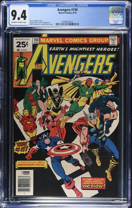 Avengers #150 (Marvel Comics, 1976), CGC 9.4 graded comic book, Universal Blue label — front cover in its holder
