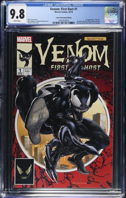 Venom: First Host #1 (Marvel Comics, 2018), CGC 9.8 graded comic book, Universal Blue label — front cover in its holder