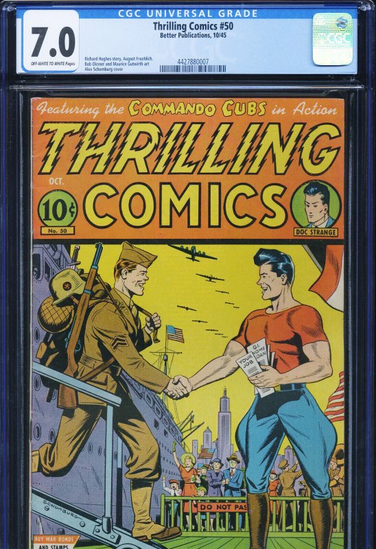 Thrilling Comics #50, CGC 7.0 graded comic book, Universal Blue label — front cover in its holder