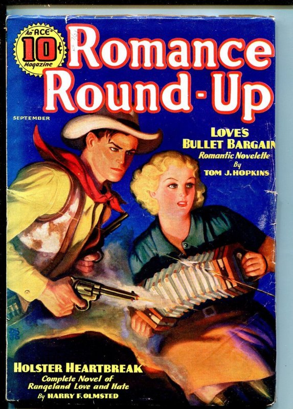 Pulp: Romance Round-Up 09/1936-1ST Issue-Queen OF THE LOBOS-vf Minus, raw, ungraded comic book — front cover