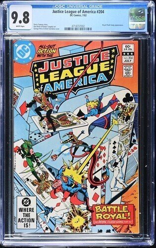 Justice League of America #204 (DC Comics, 1982), CGC 9.8 graded comic book, Universal Blue label — front cover in its holder