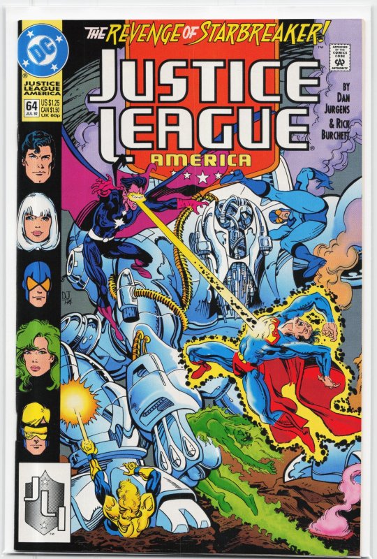 Justice League America #64 (DC Comics, 1992), raw, ungraded comic book — front cover