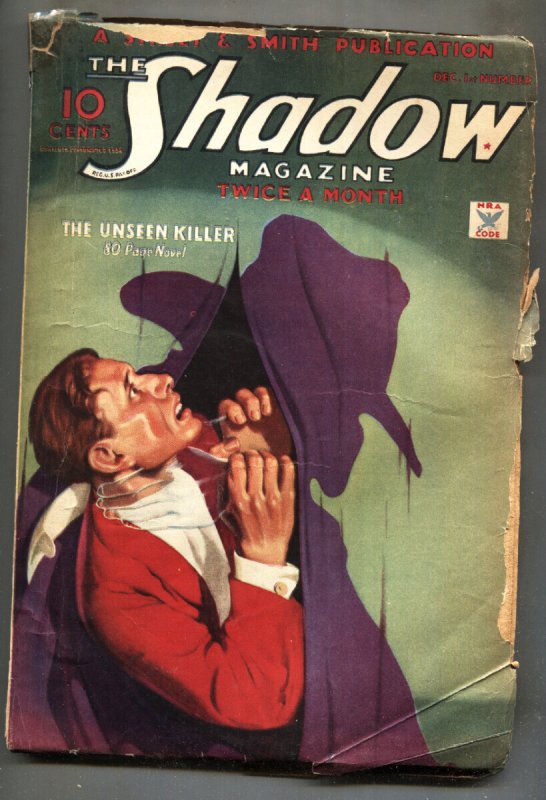 Shadow PULP-Unseen Killer-Dec #1 (Street & Smith, 1934), raw comic book in VG condition — front cover