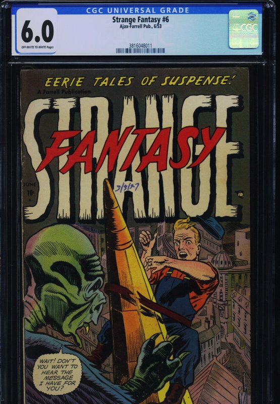 Strange Fantasy #6, CGC 6.0 graded comic book, Universal Blue label — front cover in its holder
