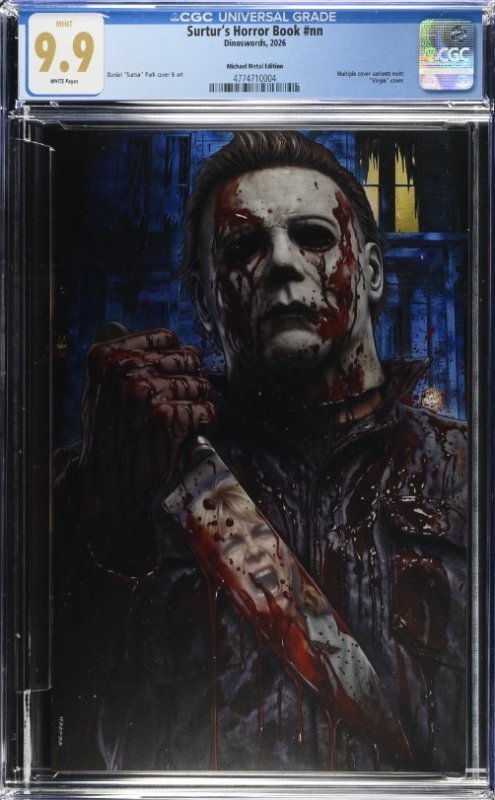 Michael Myers Halloween-SURTUR-METAL CGC 9.9 Bloody Variant 2026 LTD /50 Mint (2026), CGC 9.9 graded comic book, Universal Blue label — front cover in its holder