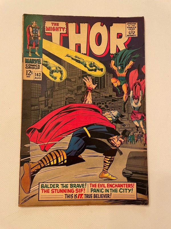 The Mighty Thor #143 (Marvel Comics), raw comic book in VF/NM condition — front cover